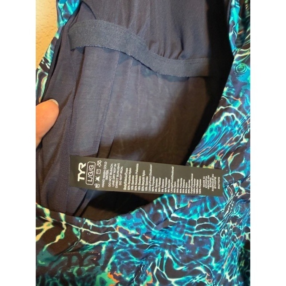 TYR Womens One Piece Swimsuit Blue Teal Water Print Racerback NWOT Sz L - Picture 2 of 8